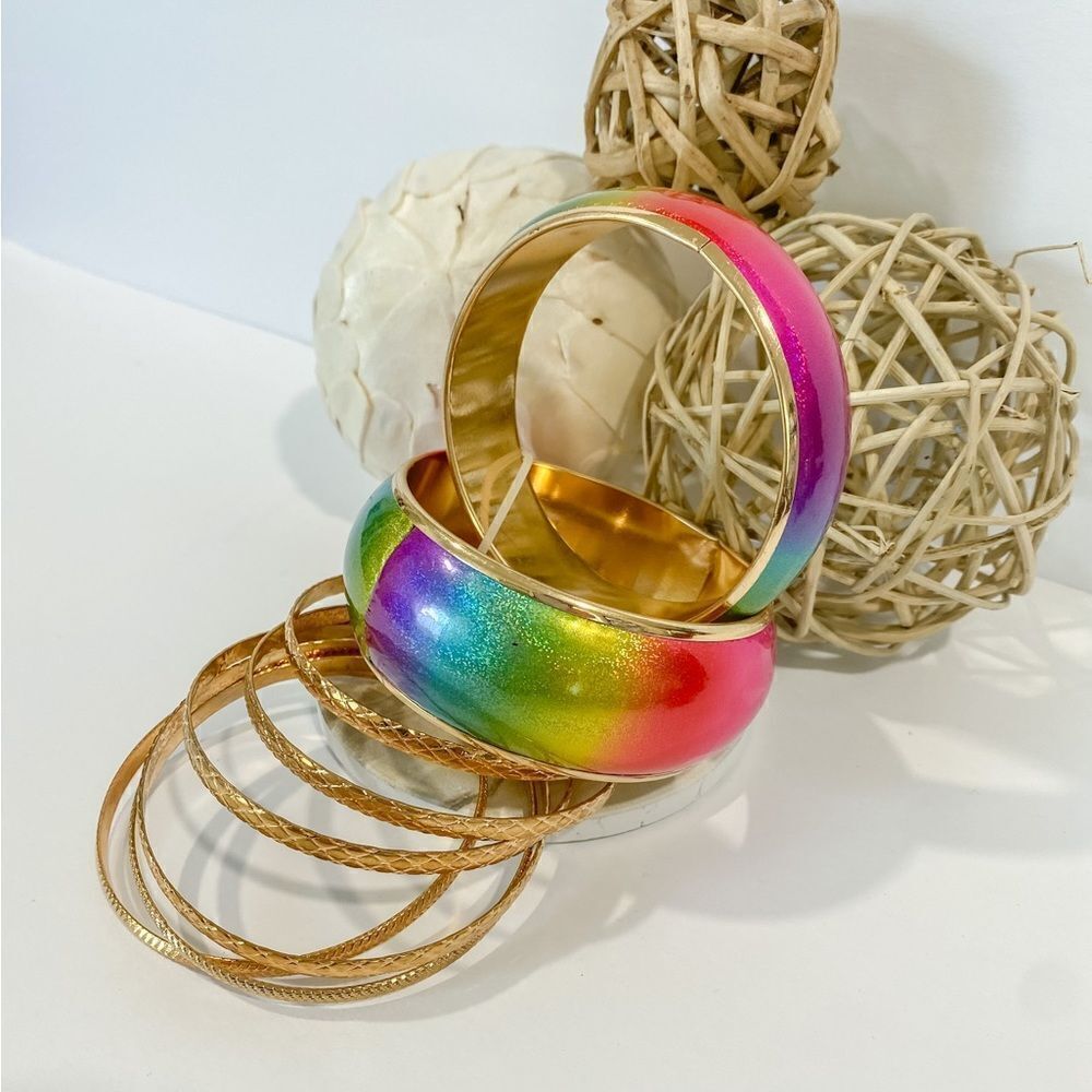 Rainbow and gold bangles